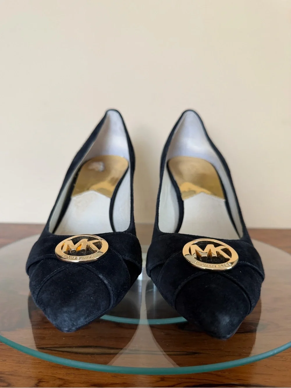 Michael Kors Caroline Black Suede Gold MK Logo Medallion Pointed Toe Pumps 9.5